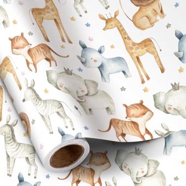 Imagem de RUSPEPA Rolo de papel de embrulho de animais selvagens para meninos e meninas, mini rolo, lindo design de safári com elefante girafa zebra leão embrulho de presente para aniversário infantil, chá de