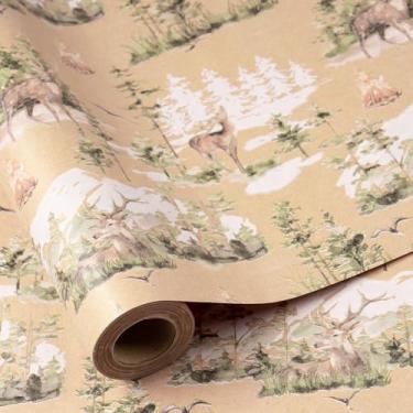 Imagem de RUSPEPA Rolo de papel de embrulho de Natal para homens e mulheres, mini rolo, rena de inverno, fogueira, design de cena de floresta, embrulho de presente kraft rústico para Natal, aniversário