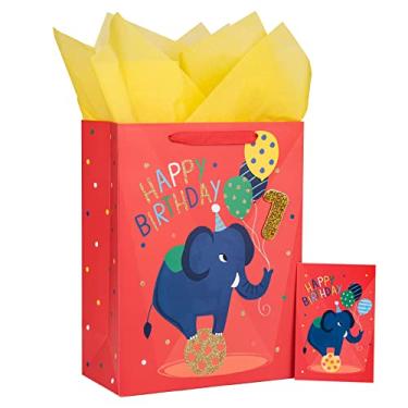 Imagem de Loveinside Bolsa de presente de elefante de 1º aniversário com papel de seda, etiqueta de presente e cartão comemorativo para festa, chá de bebê e mais, 25,4 x 12,7 x 33 cm, 1 peça, 1 ano de idade