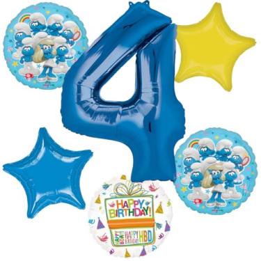 Imagem de Anagram 4th Birthday Party Supplies Boy Smurf's Theme Balloon Bouquet Decorations