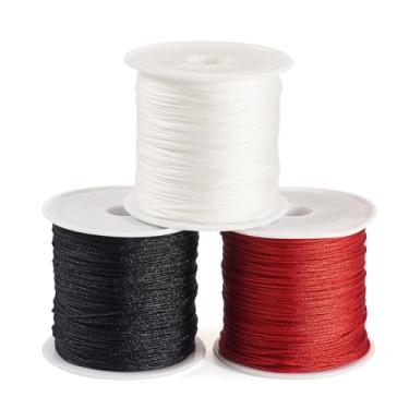 Imagem de 3 rolos de fio de nylon de 0,8 mm, cordão de nó chinês, preto, vermelho e branco, cordão de joia de nylon para pulseira trançada, colar, chaveiro, ornamento, fabricação de joias de macramê