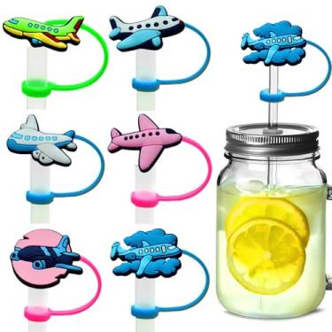 Imagem de 6 peças de tampas de palha fofas de avião para copos, protetores de canudos de 10 mm de silicone plano protetor à prova de poeira reutilizável a granel, sem BPA, ajuste ecológico para presentes de