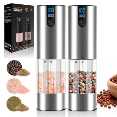 Imagem de Conjunto de moedor elétrico de sal e pimenta, recarregável por USB, moedor automático de sal e pimenta grossura ajustável com visor de LED, recipiente de 120 ml, controle de um botão, adequado para