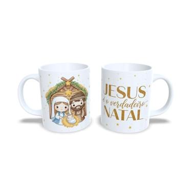 Imagem de Caneca Natalina de Cerâmica, Sagrada Família, Branca, 325ml, com Mensagem sobre o natal, e imagens de Jesus, Maria e José (23176)