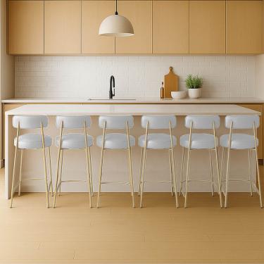 Imagem de Banqueta Cozinha Média com Encosto Industrial Champanhe Kit 6 Londres PU Branco D03 - D'Rossi