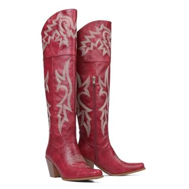 Imagem de Eteridrey Botas femininas acima do joelho, botas caubói, bico fino, grossa, alta, clássica, bordada, ocidental, para outono, 1 PU vermelho, 40