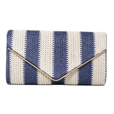Imagem de Bolsa feminina listrada elegante de palha para noite com tecido de palha para praia bolsa tiracolo de verão 2025, Azul