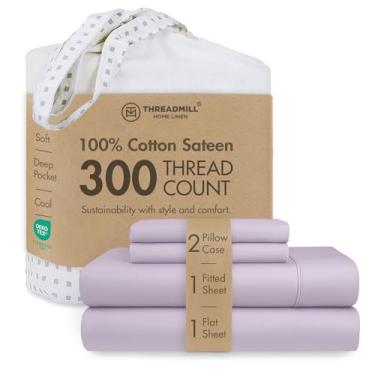 Imagem de Jogo de cama Threadmill Home Linen 300 fios 100% algodão, roupa de cama de luxo, conjunto de 4 peças, lençóis de cama, trama de cetim suave, king, branco, Lilac, Queen