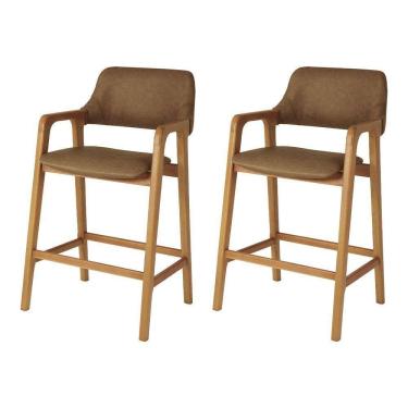 Imagem de Conjunto 2 Banquetas Ruth Em Jequitibá Natural Estrutura Premium Para Cozinha E Bar Corino Caramelo