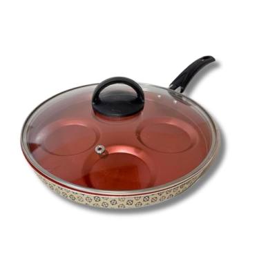 Imagem de Frigideira 4 em 1 Multiuso com Tampa de Vidro Panela Eletrica Multifuncional Para Arroz Carnes(Bege rotoprint/Vermelho)