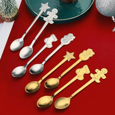 Imagem de Concha de sopa Colheres de sobremesa 4 peças sopa aço inoxidável Natal caldo redondas Talheres com caixa Perfeito para festas agitação café e utensílios cozinha diários(Silver)