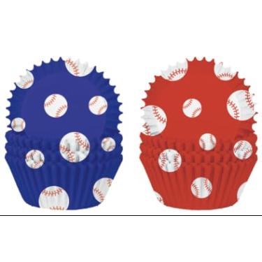 Imagem de JarThenaAMCS 300 peças de forros de cupcake de beisebol, copos de papel para assar, azul, vermelho, padrão, para fãs de esportes, aniversário, chá de bebê, suprimentos de festa