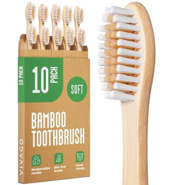 Imagem de VIVAGO Escovas de dentes de bambu biodegradáveis, pacote com 10 - escovas de dentes de cerdas macias sem BPA, ecológicas, escova de dentes de madeira natural compostável