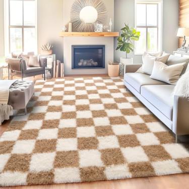 Imagem de Quntue Tapete quadriculado para sala de estar, 20 x 25 cm, ultramacio, felpudo, grande, tapete antiderrapante para quarto, decoração de casa, creme e camelo