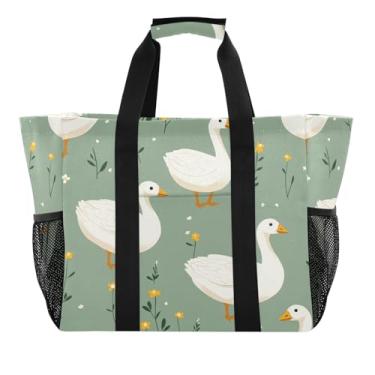 Imagem de Wassud Gansos fofos sacolas de mercearia reutilizáveis grande bolsa organizadora de lona impermeável para praia, piquenique, lavanderia, viagem