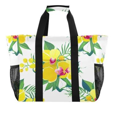 Imagem de Wassud Sacolas reutilizáveis de mercearia tulipas orquídeas amarelas grande bolsa organizadora de lona impermeável para praia, piquenique, lavanderia, viagem
