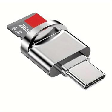 Imagem de 1 adaptador de leitor de cartão micro SD USB-C duplo de metal compacto OTG para telefones Android, tablets, laptops, backup de transferência de fotos, prateado