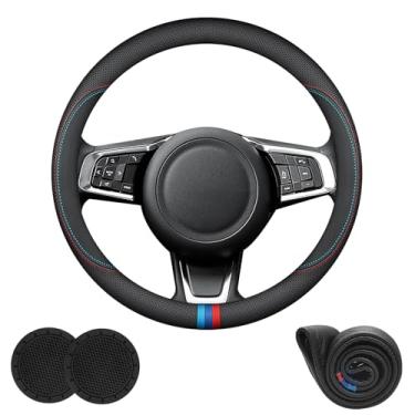 Imagem de Capa de volante de carro redonda e em forma de D universal para acessórios Jaguar F-Pace XF E-Pace I-Pace F-Type, couro napa com logotipo, fundo plano antiderrapante e respirável 37,5-38 cm