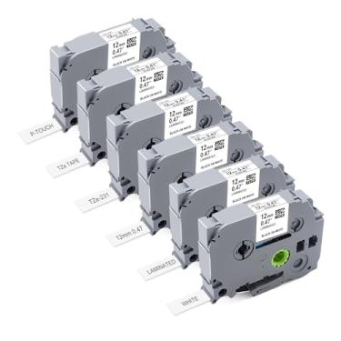 Imagem de 6 unidades de substituição para fita de etiquetadora Brother 12 mm 0,47 branca com fita adesiva Brother P-Touch, TZ TZe 12 mm 0,47 branco laminado TZe-231 para PT-H103w H110 D210 D220 D400 1180 1280