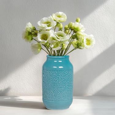 Imagem de Wancetang Vaso de cerâmica azul de 22 cm para flores – Vaso cilíndrico texturizado azul-petróleo para mesa central, vasos boêmios modernos, decoração de casa, sala de estar, decoração de cozinha