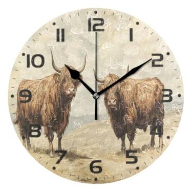 Imagem de Qilmy Highland Cattle Relógio de parede pequeno moderno 25 cm, operado por bateria, silencioso sem tique-taque, relógio analógico decorativo para casa, escritório, escola, quarto, banheiro e cozinha