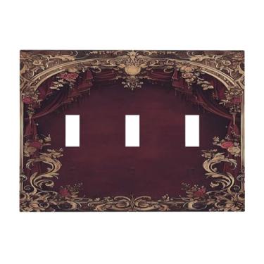 Imagem de Naiqadnehz Placa decorativa para interruptor de luz, vintage, gótico, bordô, dourado, floral, 3 grupos, placa de parede com interruptor triplo, capa de tomada elétrica para decoração de quarto e sala