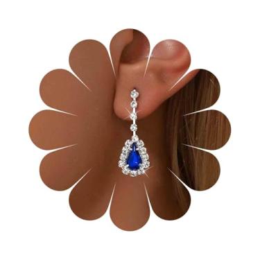 Imagem de Aneneiceera Brincos vintage de gota de cristal azul gota de safira brincos pendentes ovais de strass azul gota de água brincos de safira CZ joias para mulheres, one size, Latão, Sem pedra preciosa