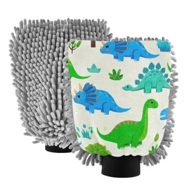 Imagem de ODAWA Luvas de lavagem de carro chenille, lindos dinossauros de desenho animado luva de lavagem sem arranhões para carros, pacote com 2, 18 x 26 cm