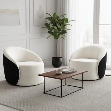 Imagem de Poltrona Sala Orgânica Kit 2 Lua Fixa Sintético PU Preto/Bouclê Off White D03 - D'Rossi