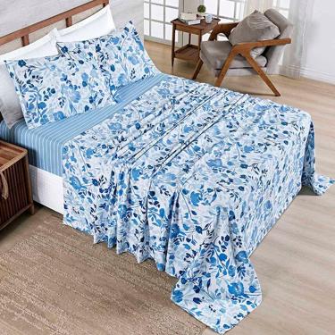 Imagem de Jogo De Lençol Benim Casal 4 Peças Micropercal 400 Fios Estampado - Loli Azul Floral - 100% Poliéster
