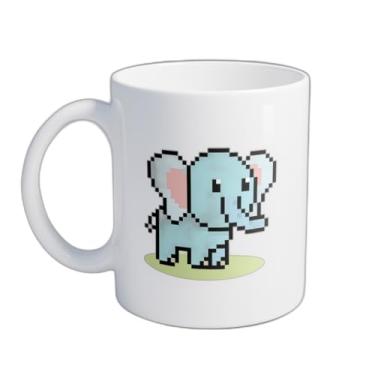 Imagem de Caneca Xícara de Café Porcelana 300ml Com Desenho Elefante Azul Pixel Art