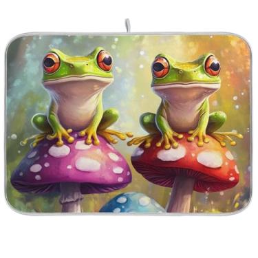 Imagem de Tapete de secagem de pratos cogumelos sapo para balcão de cozinha, 40,6 x 45,7 cm, tapete absorvente de café, escorredor de pratos, almofada reversível para decoração de bancada de cozinha