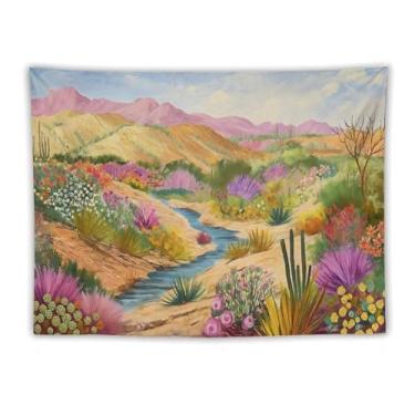 Imagem de Tapeçaria de parede laranja pôr do sol rosa cacto deserto decoração rústica ocidental arte cênica noturna para sala de estar quarto dormitório estilo country pendurado acento quente cena ao ar livre