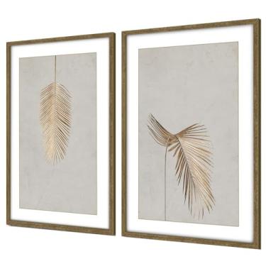 Imagem de Quadros Decorativos com Moldura Sala Quarto Duo Floral Folha de Palmeira Dourada com Textura Quadros e Obras de Arte(Nogueira 60x90 Sem Vidro)