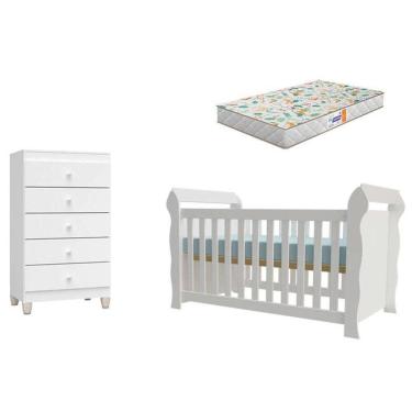 Imagem de Berço Americano Lara Com Colchão Gazin E Cômoda Gaveteiro Ternura Baby Branco Brilho - Incorplac