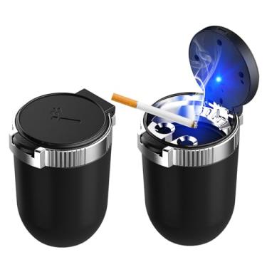 Imagem de Ohleats 2 peças cinzeiro de carro com tampa, bandeja de cinzeiro removível de aço inoxidável com luz azul LED, mini suporte de copo de veículo portátil lata de lixo à prova de cheiro, acessórios