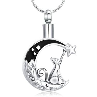 Imagem de constantlife Colar de urna de lua de gato para mulheres, joia de cremação para cinzas, pingente de aço inoxidável, lembrança de funeral, presente em memória de entes queridos, Aço inoxidável, Sem