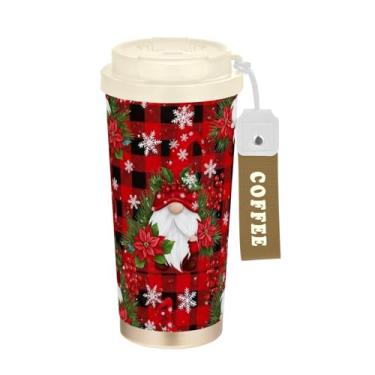 Imagem de TSENQUE Copo de café de 473 ml com revestimento cerâmico, copo de café de aço inoxidável com tampa e canudo, copo isolado a vácuo, xadrez vermelho de gnomos de Natal