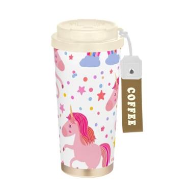 Imagem de TSENQUE Copo de café de viagem 473 ml com canudo e tampa, caneca de café de aço inoxidável à prova de vazamento para escritório, escola, festa, acampamento, unicórnios fofos, desenho rosa