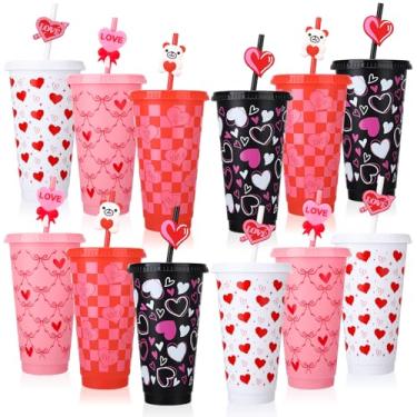 Imagem de Ovveroche 12 peças de copos de plástico para Dia dos Namorados de 680 g com tampas, canudos e tampas de palha, copos reutilizáveis de viagem a granel para lembrancinhas de festa de aniversário de