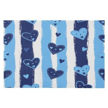Imagem de Wassud Tapete de porta listrado Blue Hearts 61 x 89 cm, antiderrapante, lavável, com suporte de borracha, tapete macio e macio para sala de estar, quarto, entrada, entrada