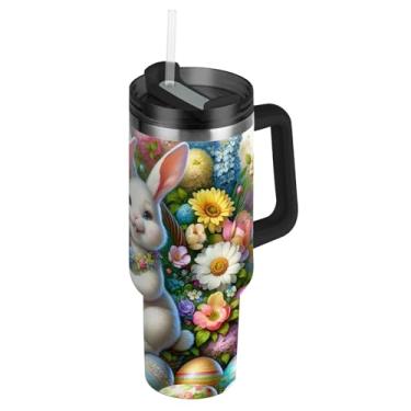 Imagem de Joisal Copos de aço inoxidável com tampa e palha, cesta de coelhinhos da Páscoa, garrafa de água de primavera cabe em copo de carro copo moderno com alça garrafa de água de 850 g isolada