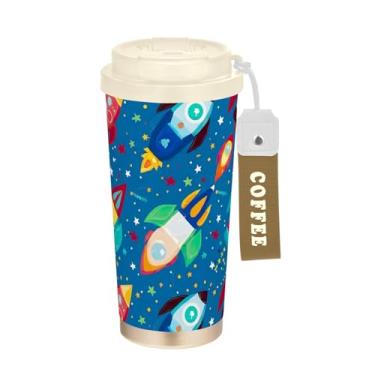 Imagem de TSENQUE Caneca de café de viagem de 473 ml com tampa de canudo e filp, copos de parede dupla isolados a vácuo com revestimento cerâmico, foguete de desenho animado colorido, azul espacial