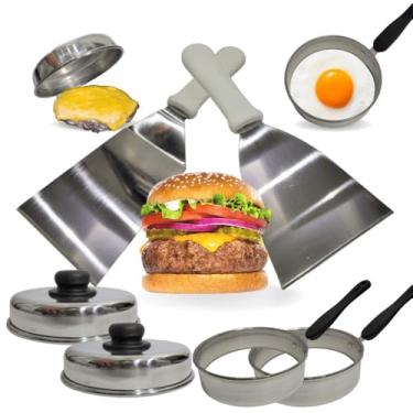 Imagem de Kit 2 Espátulas Aço Inox Para Chapa de Lanche 2 Abafador 2 Molde Ovo