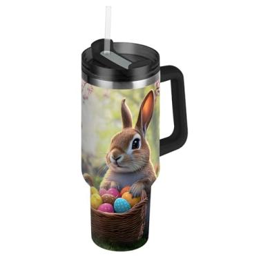 Imagem de Joisal Cute Bunny Tulipas Cottage Garden Tumblers com tampa e canudos à prova de vazamento fofo copo de 850 g com alça garrafa de água copo de aço inoxidável isolado para quente e frio