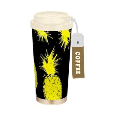 Imagem de Caneca de viagem de café 40 ml com canudo e tampa, copo de parede dupla isolado a vácuo com revestimento cerâmico, abacaxi amarelo preto