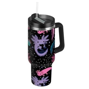 Imagem de Joisal Copos pretos de axolote colorido de desenho animado fofo com tampas e canudo para adultos 1,134 g copo com alça garrafa de água isolada de aço inoxidável carros caneca de café bebida quente