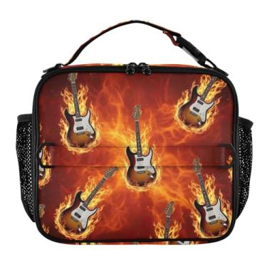 Imagem de Lancheira para guitarras elétricas Red Flames para mulheres, meninas, lancheira com alça de ombro, masculina, infantil, lancheira para trabalho, meninos, estampa animal, bolsa térmica