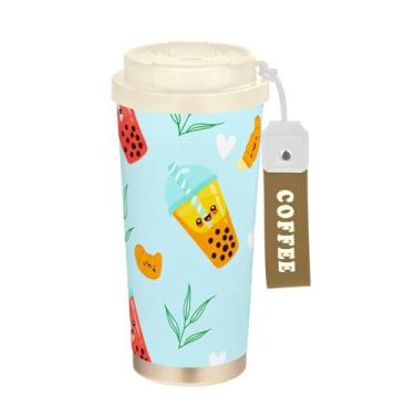Imagem de Caneca de café de viagem 16+ Oz, caneca de café com revestimento cerâmico copo com tampa e canudo, copo isolado a vácuo de aço inoxidável, bonito desenho animado bolha chá azul