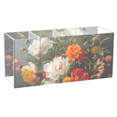 Imagem de TSENQUE Porta-lápis personalizado com estampa de buquê floral colorido para mesa, bonito suporte de acrílico para canetas, copos de lápis, decoração de escritório, acessórios de mesa